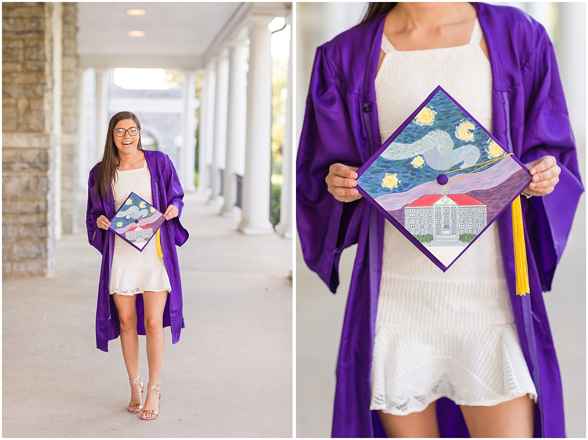 James Madison University spring graduation portraits with a college graduate with glasses and a white dress and a purple gown and a hand painted cap