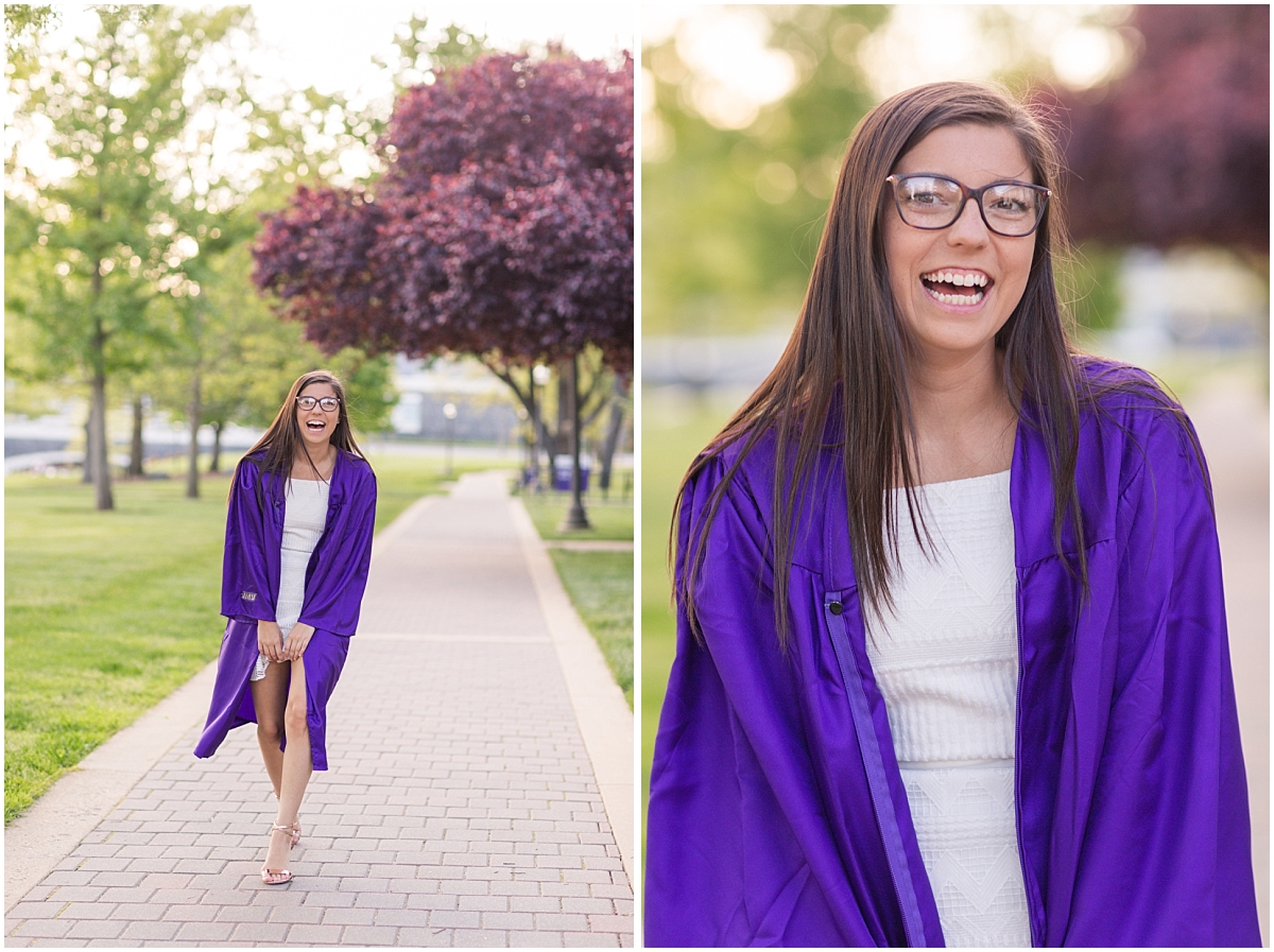 James Madison University spring graduation portraits with a college graduate with glasses and a white dress and a purple gown