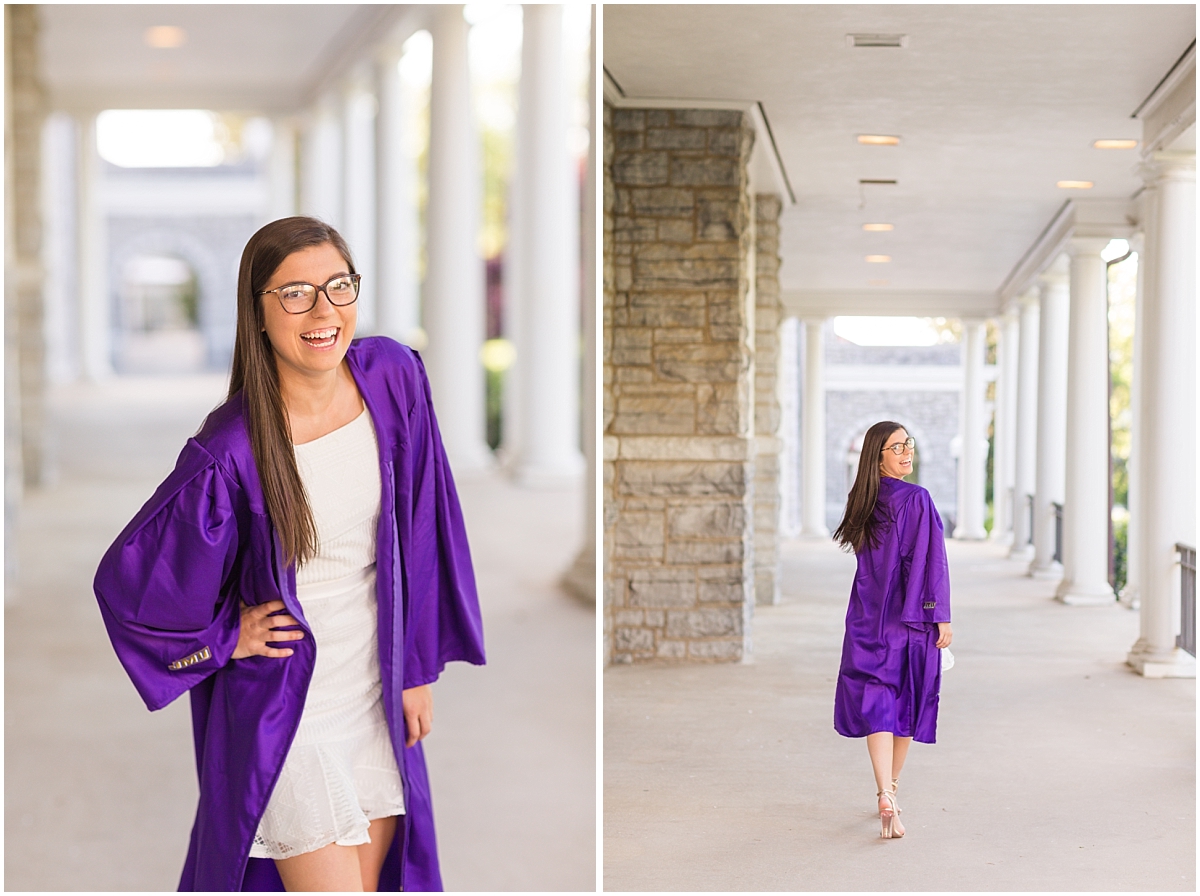 James Madison University spring graduation portraits with a college graduate with glasses and a white dress and a purple gown