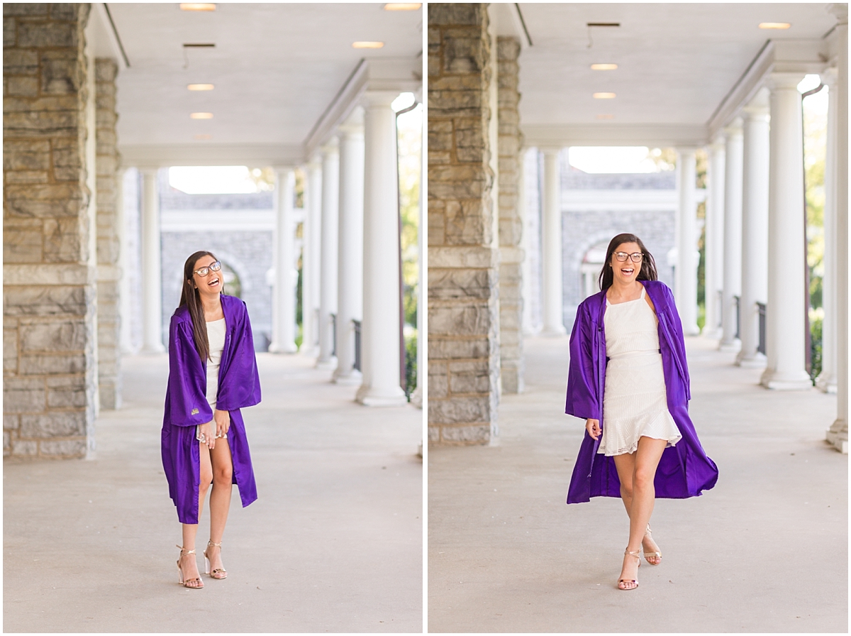 James Madison University spring graduation portraits with a college graduate with glasses and a white dress and a purple gown